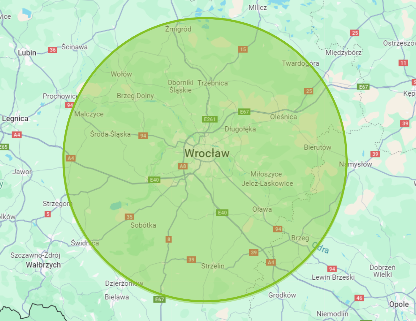 Mapa Wrocławia i okolic w których świadczymy usługi elektryczne